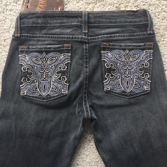 *Flared* Vintage Boho NWT Street Denim Embroidered Faded Black/Grey Wash - Picture 4 of 7